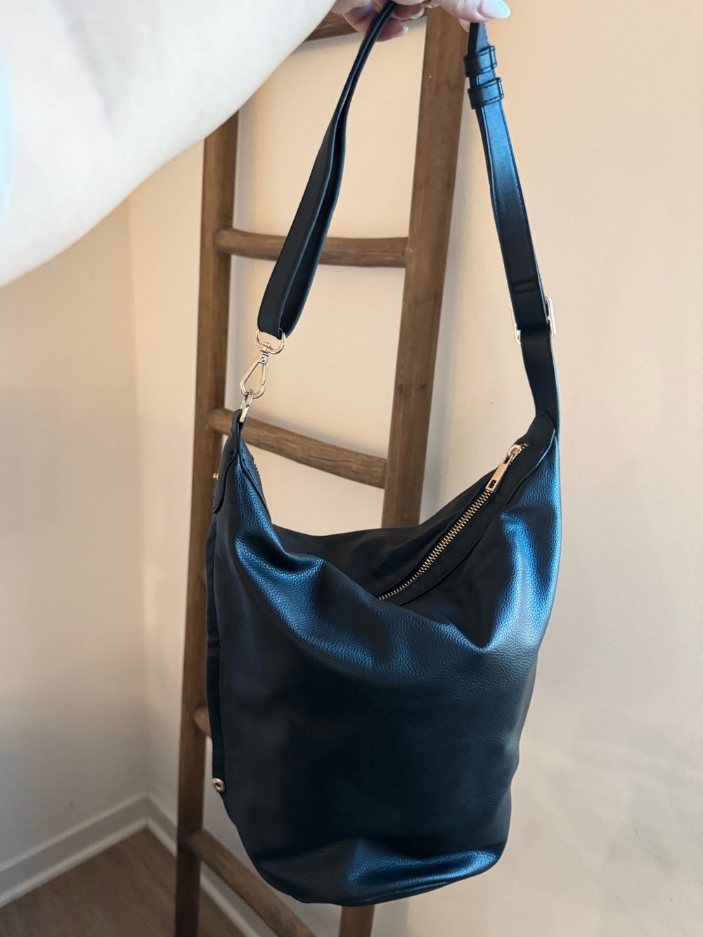 a new day Black Pebbled Leather Hobo with Gold Hardware